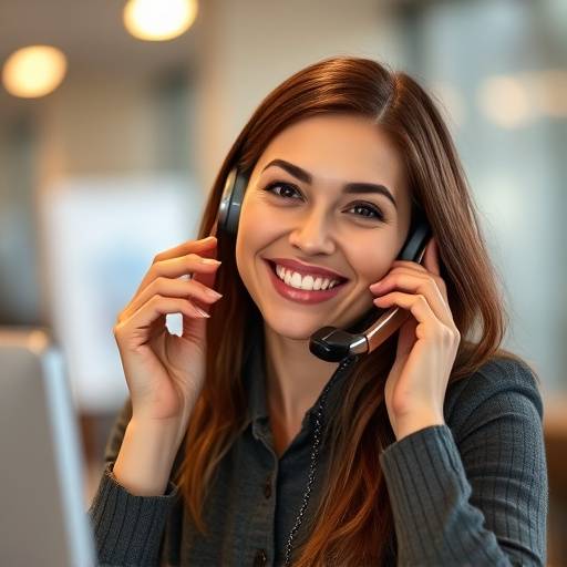 Persona atendiendo un teléfono con una sonrisa, lista para aclarar tus dudas